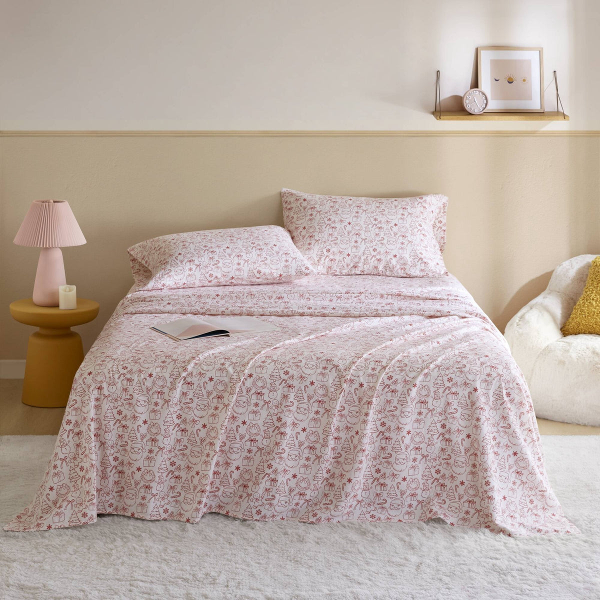 4-Piece Queen 100% Cotton Flannel Pigment Printed Sheet Set,Holiday Doodles