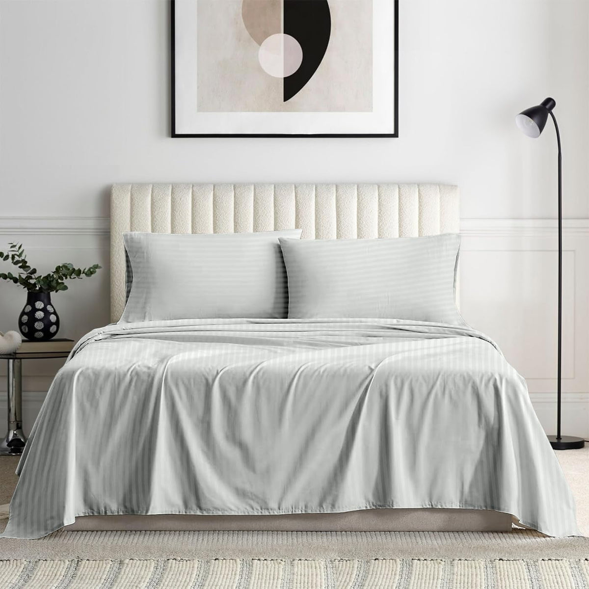 Alaska King Bed Sheet Set - Luxury Bedding 500 Thread Count Pure Egyptian Cotton 4 Piece Sheet Set Alaska King Size Fit Up 15" Inch to 18" Inch Deep Pocket, Silver Grey Stripe Color