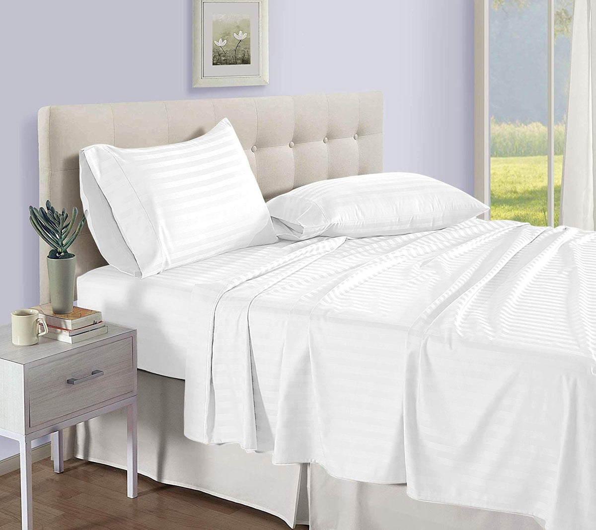 D.N.G. BEDDINGS Luxury 4 Piece Sheet Set with 12 Inch Deep Pocket 800 Thread Count 100% Egyptian Cotton Stripe White Color Twin Size