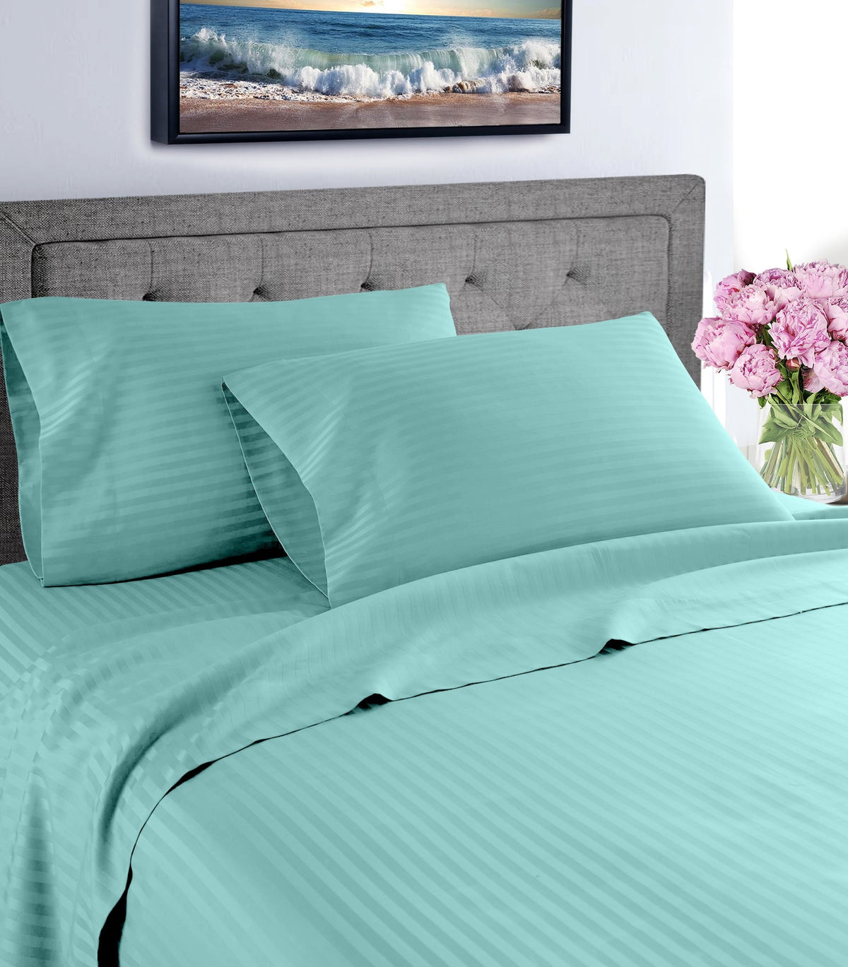 Fresh Linen Collection 600 Thread Count Hotel Striped 100% Egyptian Quality Cotton Deep Pocket Sheet Set (Twin, Aqua)