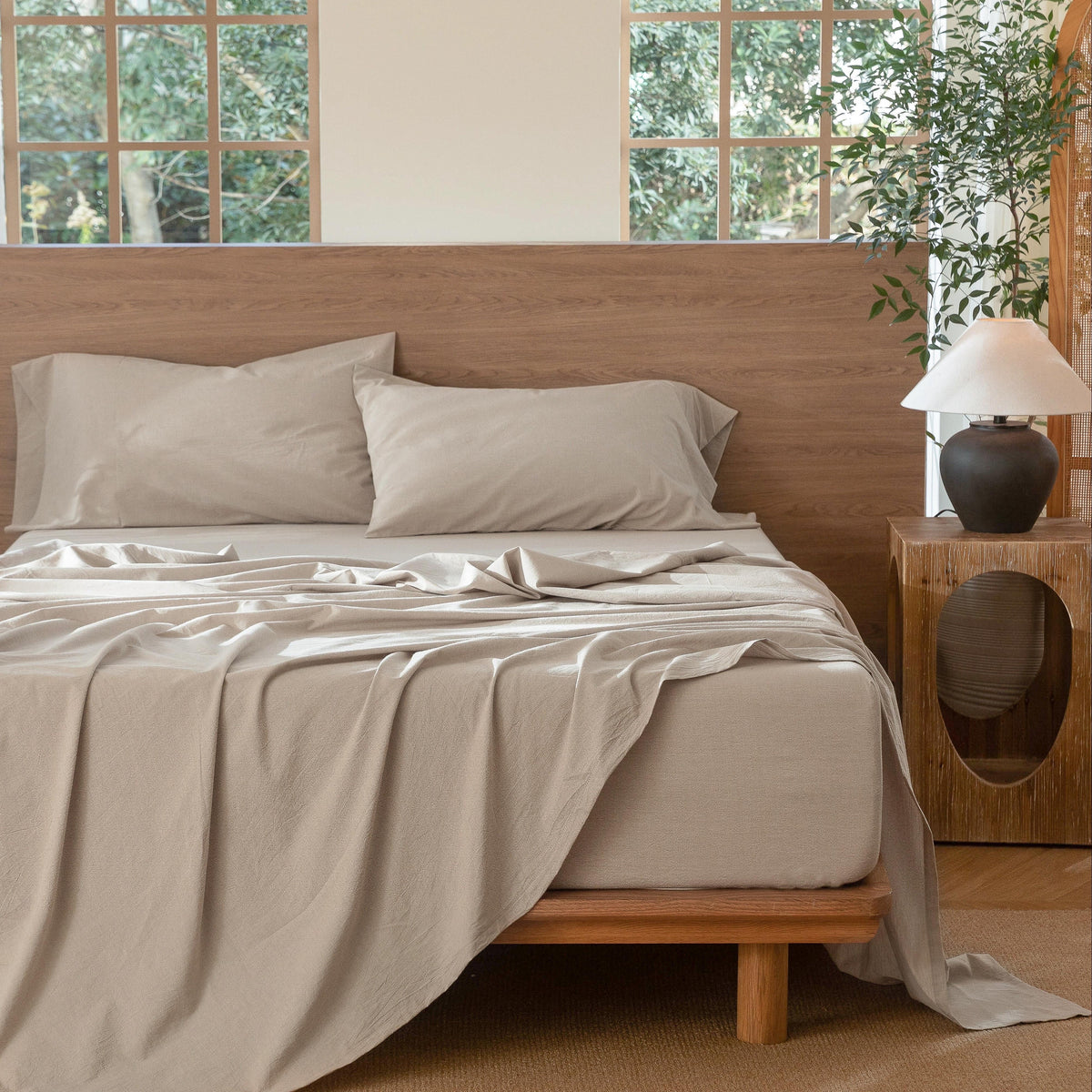 MooMee 100% Washed Cotton Sheet Set Queen Linen Like Textured Breathable Durable Soft Comfy 4pcs (Tannish Linen Grey)