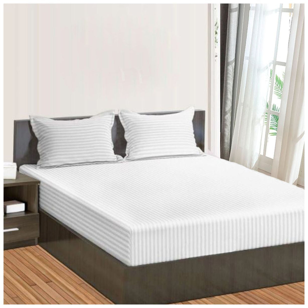 Queen Fitted Sheet Only, Softest 400 Thread Count 100% Cotton Sateen, 15" deep Pocket, All-Around Elastic, White Stripe