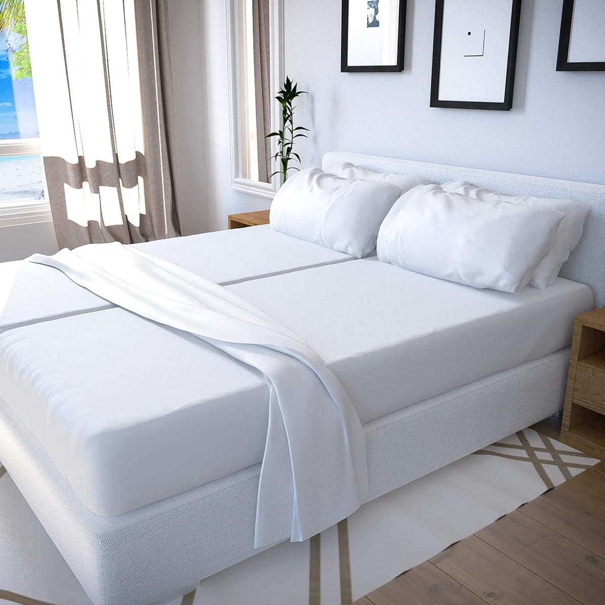 Real 300 Thread Count, 100% Egyptian Cotton [Split Queen - 5 PC Size, Percale White Color] Fit upto 10" Deep Pocket Soft Crisp Percale Weave