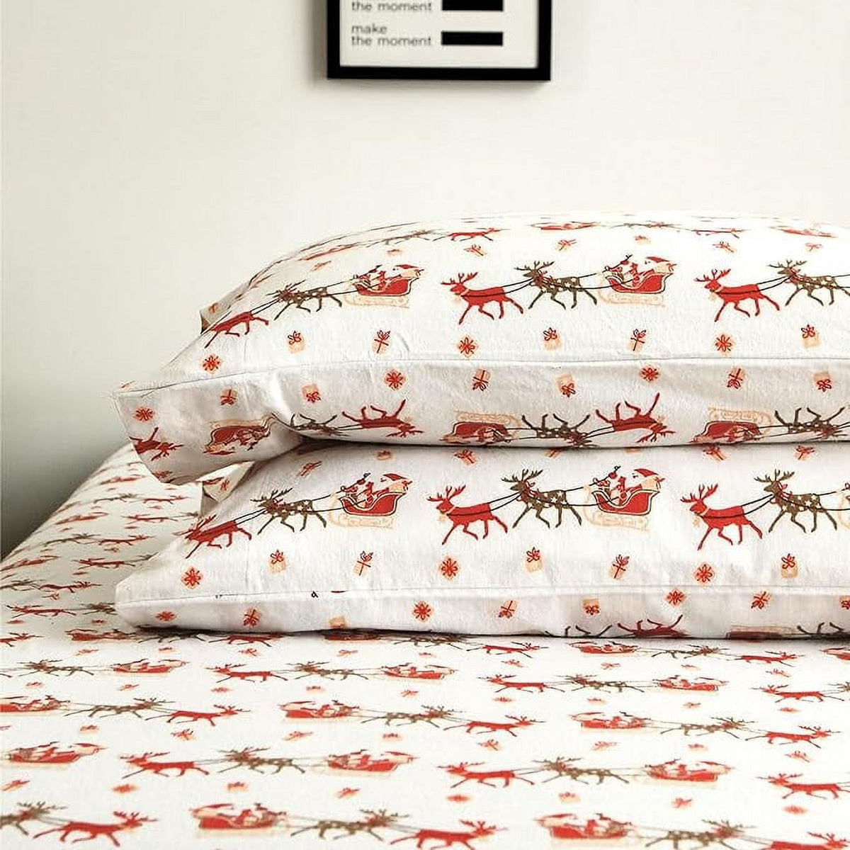 Cotton Flannel Sheet Set (4-PIECE) - Holiday Christmas Flannel Sheets, Deep Pocket Fitted Sheet - King, Santa Sleigh