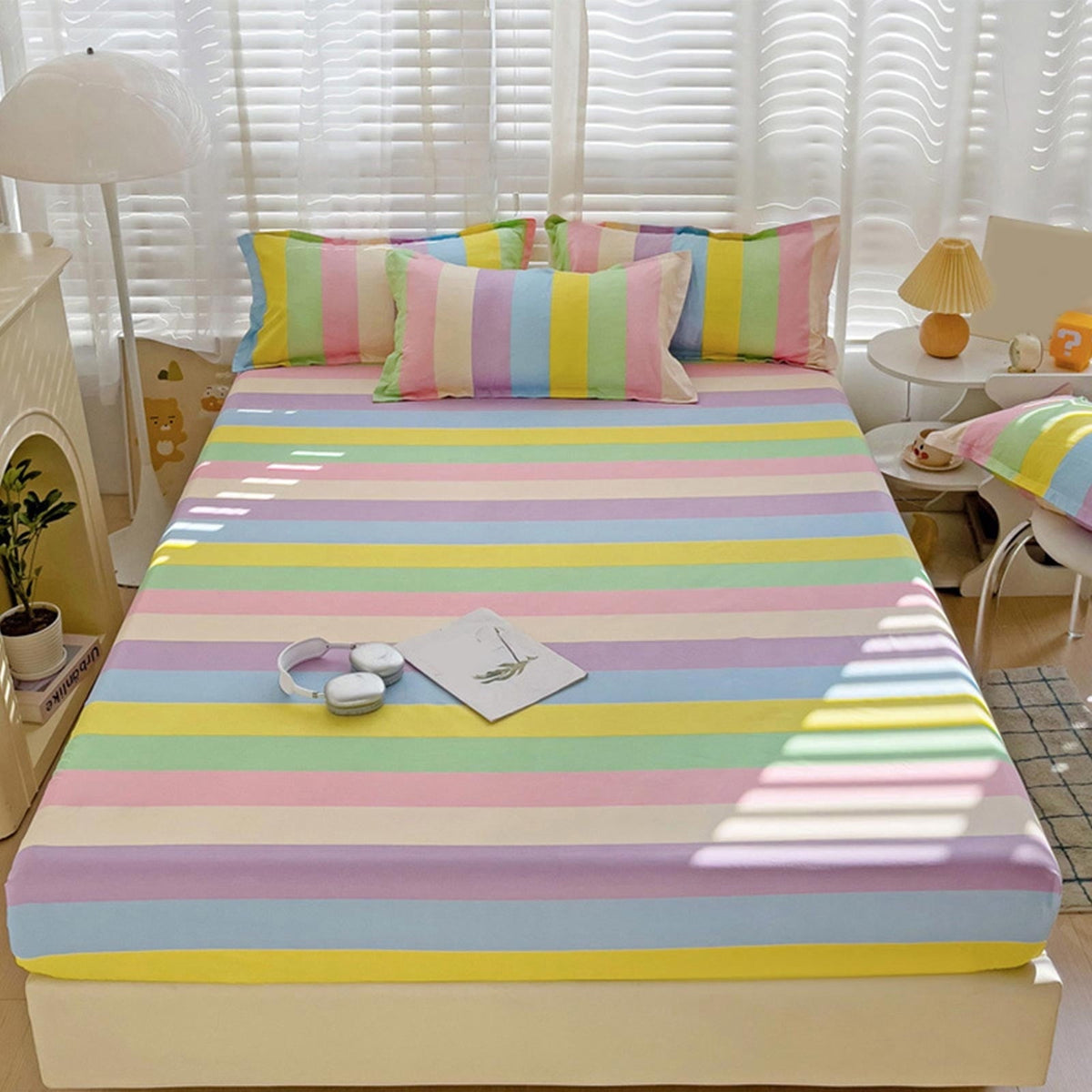 Washed Cotton Fitted Sheet Full Queen Twin King Sizes, Striped Soft Breathable Bed Sheet with Deep Pocket 360° Elastic, Colorful Mattress Cover for Bedroom